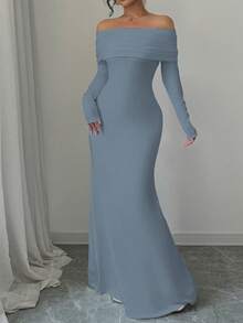 Rafferiza 性感优雅修身长袖束腰双层露肩露背扭纹鱼尾下摆罗纹针织连衣裙，白色，秋冬长款女装 - 霧霾藍 - 查看 3