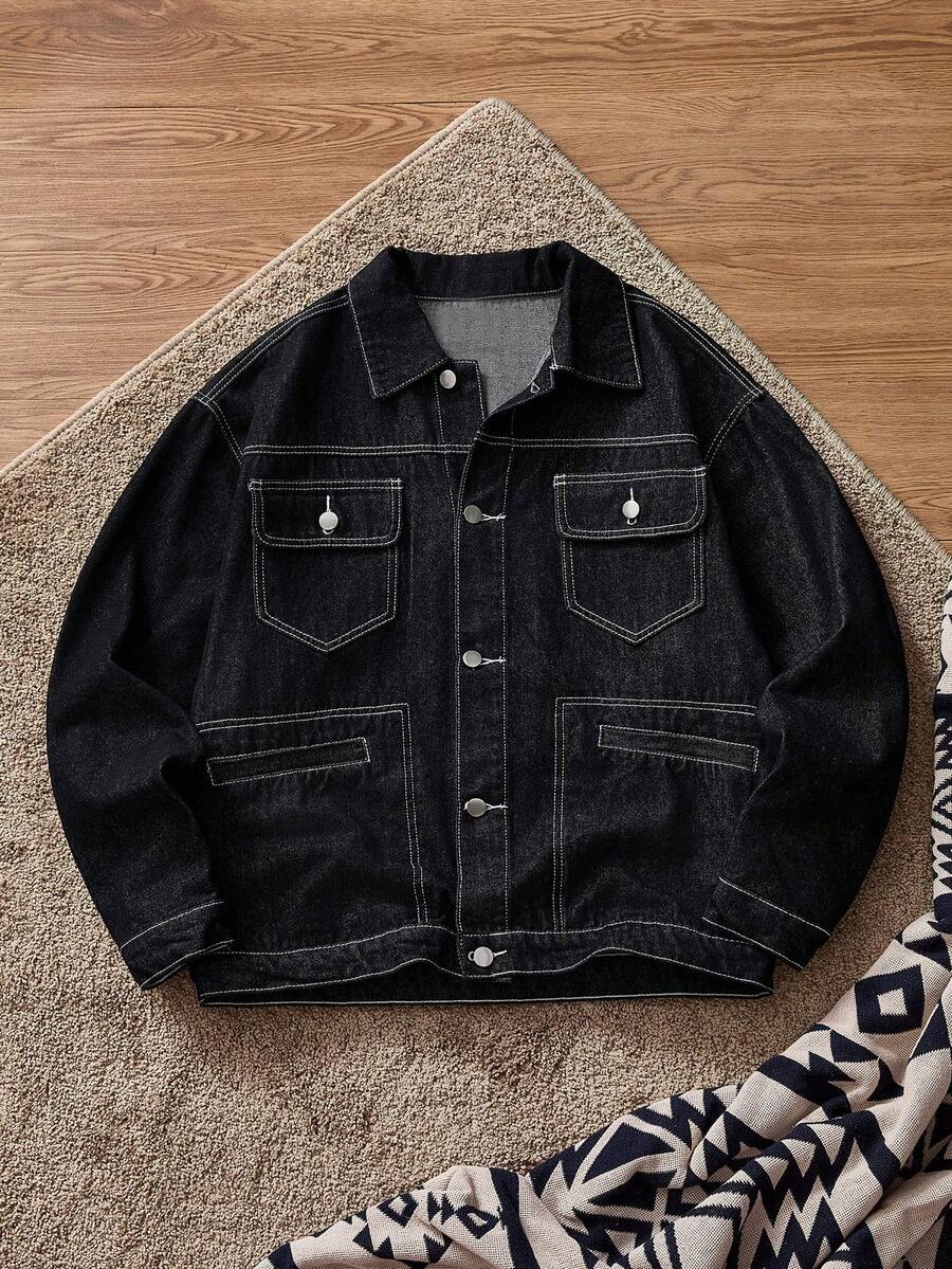 SWAVVY 男士长袖单排扣休闲黑色牛仔夹克 - 黑色 - 查看 1