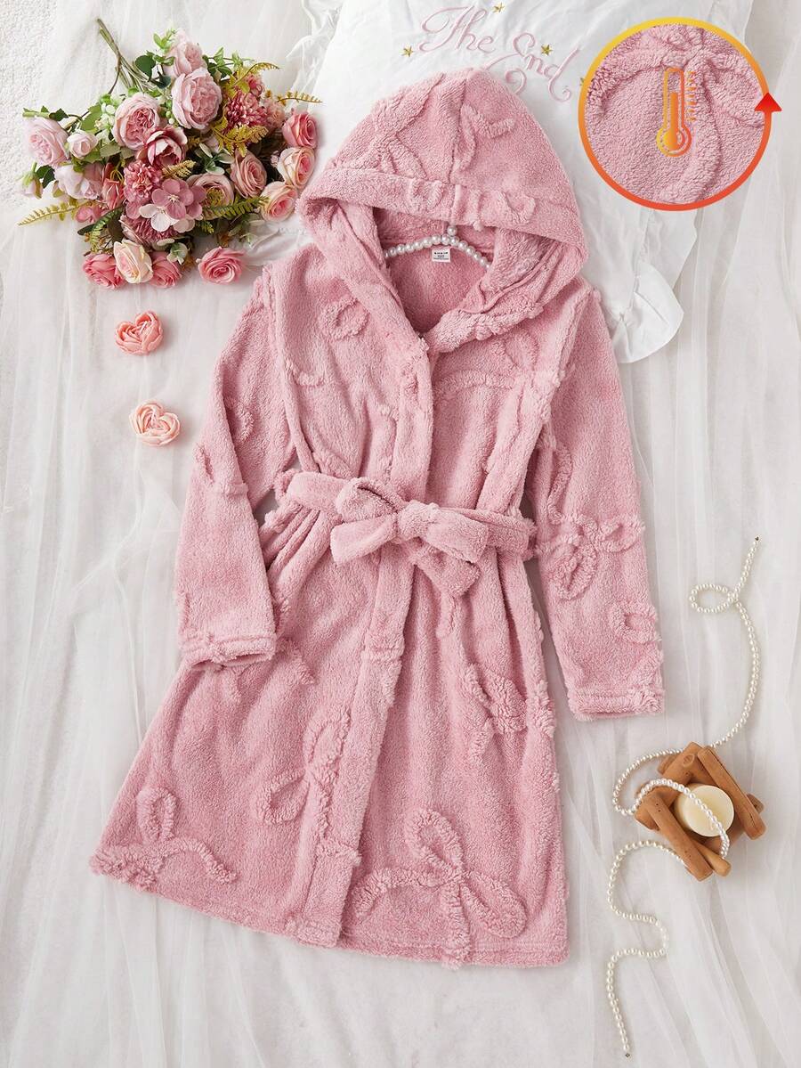 Teen GirlSimple Elegant Bow Floral Plush Long Sleeve Robe, Casual Sleepwear For Fall Autumn/Winter Home Scenes, Throughout The Fleece Lined Soft Set