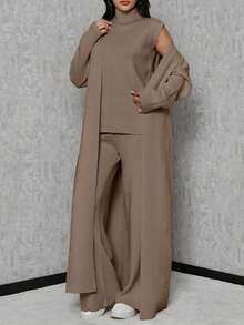 SHEIN Tall High Neck Knit Top And Knit Pants And Cardigan