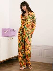 Chillnights Tropical Plant & Fruit Print Vacation Style Women Pajama Set, Fall & Winter Clothes - Multicolor - View 4