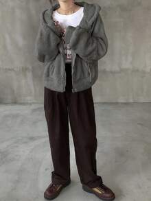 FRIFUL 女士米色纯色连帽抽绳落肩长袖羊羔绒宽松休闲百搭抓绒卫衣，秋季连帽衫 - 灰色 - 查看 2