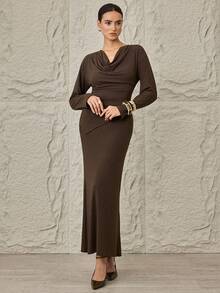 Modelyn 2pcs Women Elegant Plunging Neck Top And Midi Skirt Set