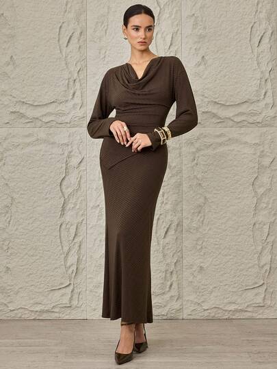 Modelyn 2pcs Women Elegant Plunging Neck Top And Midi Skirt Set