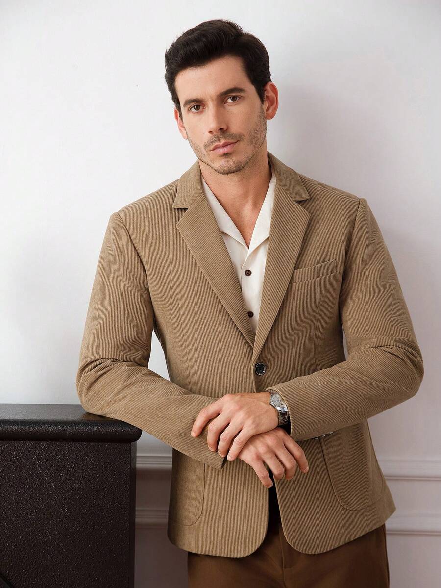 Core Aspect 男士时尚休闲灯芯绒翻领西装外套 - 駝色 - 查看 1