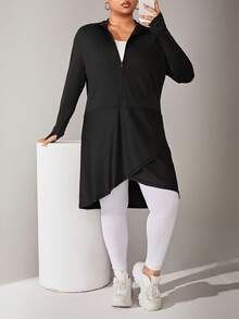 Easithlete Plus Size Casual Long Zip-Up Jacket - Black - View 4