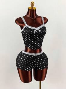 Amplova Set 2 Potong Atasan Camisole dan Celana Pendek Mini Motif Polka Dot dengan Hiasan Pita dan Renda Warna Kontras - MultiWarna - View 4