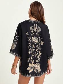 CAJUNI 女士休闲印花喇叭袖宽松开衫，春秋季