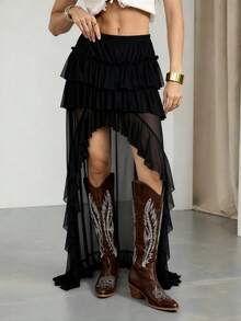 SHEIN Tall 女士夏季音乐节嬉皮波西米亚西部风Y2K仙女风网纱白色不对称下摆褶裥裙 - 黑色 - 查看 3