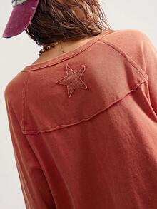 Bohemela Women's Casual Solid Color Knit Crew Neck Long Sleeve T-Shirt - Red - View 5
