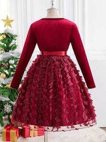 Glamorique Kids Elegancka dziewczęca sukienka z okrągłym dekoltem i długim rękawem, aksamitna, z uroczą kokardką 3D i siateczką na dole, odpowiednia na Boże Narodzenie, przyjęcia świąteczne i do noszenia na co dzień, w kolorze czerwonym, jesień/zima/wiosna - Burgund - Zobacz 2