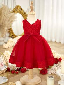 SHEIN 1pc Baby Girl Red Summer Elegant Formal Textured Sleeveless Dress,Comfortable Versatile Fashion Wear For Birthday Party,Wedding,Christening,Holiday - Red - View 2