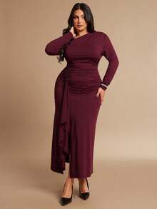 SHEIN BAE Plus Size Women's Burgundy Long Sleeve Asymmetrical Hem Maxi Dress, Autumn/Winter, Burgundy Dress Wine Dress Long Sleeve Formal Dress Maroon Dress Winery Dresses For Women - Burgundy - View 6