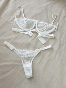 DAZY Conjunto de lencería sexy con encaje, aros y tirantes calados para mujeres - Blanco - Ver 10