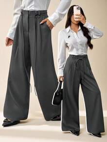 SHEIN PETITE Xuân Hè Nữ Lãng mạn/Dạ hội/Trang trọng/Sinh nhật/Thập niên 90/Phụ nữ công sở thường ngày/Thanh lịch/Trang phục phương Tây/Đi chơi/Thời trang/Thường ngày/Y2k/Câu lạc bộ/Văn phòng/Cocktail/Cổ điển/Bodycon/Lễ hội Rave/Vui nhộn/Sang trọng/Quý tộc/Thời trang đường phố/Kỳ nghỉ/Buổi hòa nhạc đồng quê/Công sở/Khiêm tốn/Nghỉ xuân/Độc thân/Buổi hòa nhạc/Baddie/Cơ bản/Tốt nghiệp/Cạp trễ/Quần ống rộng Thích hợp cho mùa thu đông - Xám - Xem 9