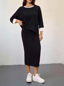 SHEIN Tall 2pcs/Set Women Casual Batwing Sleeve Ribbed Contrast Binding T-Shirt And Drawstring Waist Pencil Skirt, Spring/Autumn, Tall Women - Black - View 1