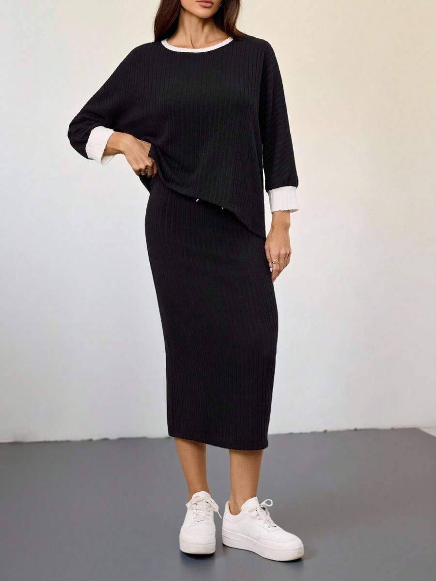 SHEIN Tall 2pcs/Set Women Casual Batwing Sleeve Ribbed Contrast Binding T-Shirt And Drawstring Waist Pencil Skirt, Spring/Autumn, Tall Women - Black - View 1