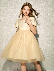 Tween Girls' Square Neck Puff Sleeve Beaded Mesh Splice Elegant Halloween, Christmas, Wedding Occasion Dress - Apricot - View 8