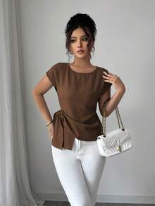 Selianne Áo sơ mi nữ màu xanh lam, áo mùa hè, quần áo mùa hè cho nữ, áo mùa hè, quần áo mùa hè, áo thanh lịch cho nữ - Cà phê nâu - Xem 5