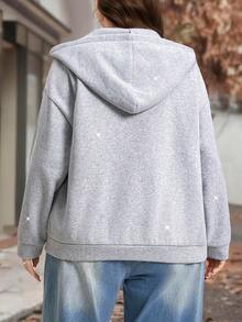 SHEIN LUNE 大码女式休闲水钻装饰连帽外套，秋冬拉链连帽衫，灰色连帽拉链毛衣，灰色外套，女士休闲装，女士拉链卫衣外套，保暖内衬外套，秋冬外套 - 灰色 - 查看 4
