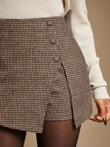 Radiana Short/mini-jupe taille haute en tissu de laine vintage unique à motif pied-de-poule marron, couleur Maillard, bas casual chic convenant aux loisirs, trajets, bureau, soirées, automne/hiver - Tabac - Voir 8