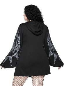 ROMWE EDITION Plus Size Vintage Gothic Church Cross Print Hooded Cinched Waist A-Line Mid-Length Coat - Black - View 11
