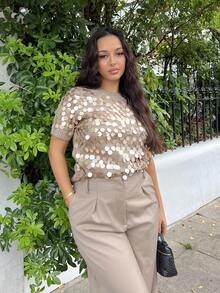 NegzBox FASHIONABLE VERSATILE SEQUIN EMBELLISHED SHORT SLEEVE PULLOVER KNIT SWEATER KNIT PULLOVER FALL WINTER - Khaki - View 2