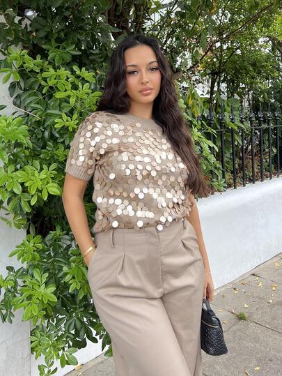 NegzBox FASHIONABLE VERSATILE SEQUIN EMBELLISHED SHORT SLEEVE PULLOVER KNIT SWEATER KNIT PULLOVER FALL WINTER