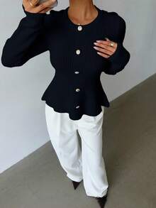 Elenzga White Long Sleeve Faux Placket Knit Sweater, Casual Commuter & Home Wear, Autumn/Winter - Navy Blue - View 3