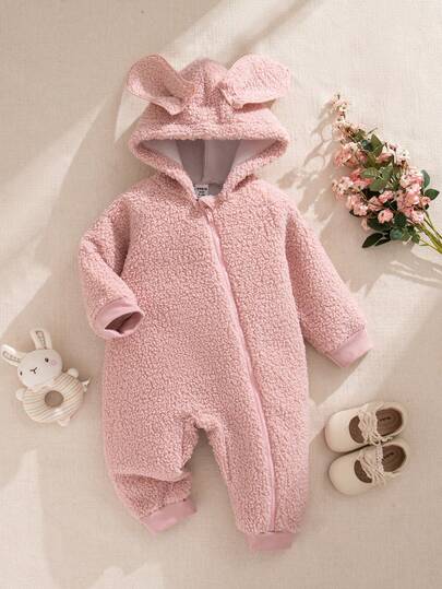 Souflis Souflis Französischer Retro 2025 Herbst/Winter Neue Lässige Weiche Rosa Samt Verdickte Kaninchen Ohr Baby Mädchen Langarm Romper, Geeignet für Ausflüge, Schule, Zuhause und Verschiedene Anlässe