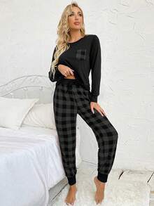 Lazeform Women's Plaid Print Long Sleeve Pajama Set With Pockets, Fall Winter Clothes - Dark Grey - View 6