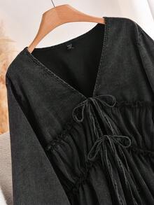 CosyJoli 大码女式休闲系带灯笼袖水洗衬衫 - 黑色 - 查看 4