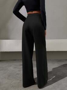 EURMUSE Elegant Style, Half Faux Leather Belt Detailed Straight Fit Pant - Black - View 2