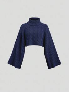 Sweetra Bộ 2 áo len dệt kim thường ngày cho nữ và chân váy dài, áo crop top tay dài cổ lọ dáng rộng và chân váy, mùa thu/đông - Xanh đậm - Xem 5