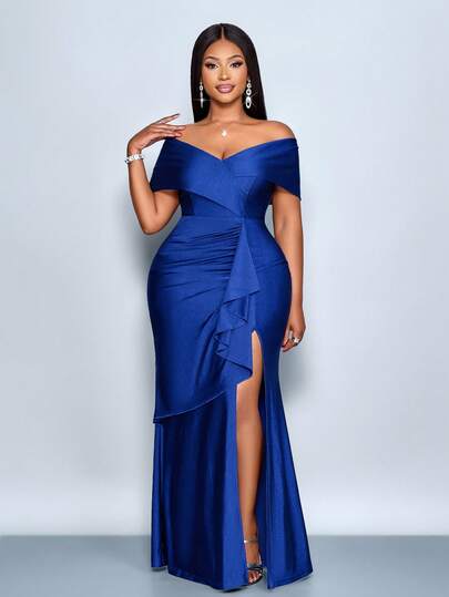 SOLERSUN Vestido elegante de mujer de color azul marino con hombros descubiertos, dobladillo con volantes, sexy, adecuado para fiestas de Navidad, vacaciones, citas y San Valentín, atuendos de club para mujeres sexys