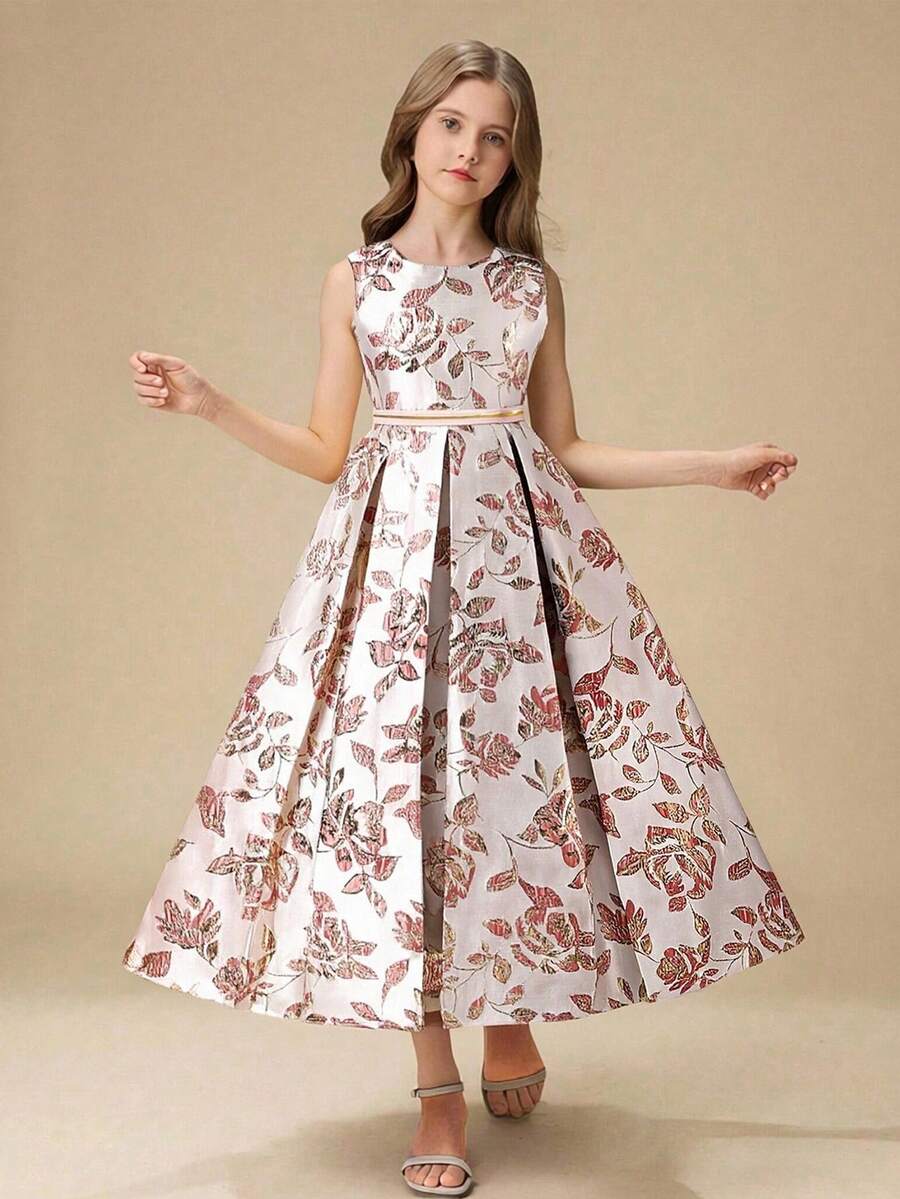 少女圆领无袖提花A字褶裥露背连衣裙，奢华优雅的花童/伴娘婚礼礼服 - 粉色 - 查看 1