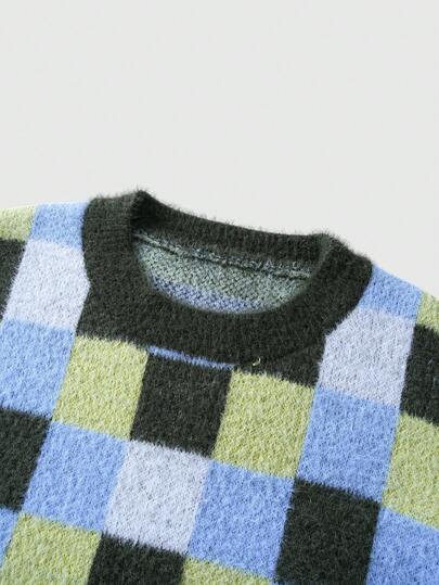 Street Life Herren Lässig Farbblock karierter Rundhals Pullover, Herbst/Winter