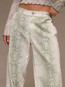 MUSERA 水洗蛇纹阔腿牛仔裤，酷女孩街头风，可爱秋冬春夏款 - 綠色 - 查看 5