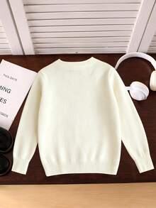 SHEIN GraphicGems 少女休闲简约小熊印花长袖宽松毛衣，适合秋冬季上学、休闲活动穿着 - 白色 - 查看 3
