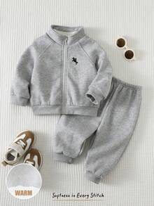 Cozy Pixies 两件套男婴马图案针织柔软拉链连帽衫和弹力腰带束脚裤套装，舒适百搭休闲风，适合室内、室外、日常穿着以及秋冬季运动。 - 灰色 - 查看 4