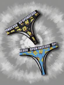 SpongeBob SquarePants | SHEIN Women's Comfortable Soft Breathable Cartoon Pattern Letter Jacquard Thong Panties - Black - View 2