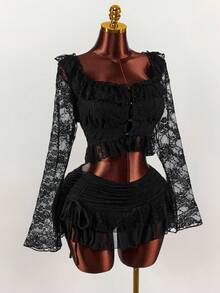 Amplova Top vintage romantique avec encolure carrée ajustée, manches évasées, boutons champignons, patchwork de dentelle et volants à l'ourlet - Noir - Voir 4