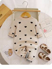 SHEIN 新生女孩可爱心形图案针织长袖连体衣，秋冬 - 卡其色 - 查看 5