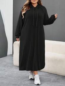 SHEIN CURVE+ Plus Size Women Ribbed Fabric Long Sleeve Hooded Loose Dress/Winter - Black - View 3