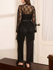 Moireta 优雅成熟迷人蕾丝睡袍、吊带背心和裤子女士睡衣套装 - 黑色 - 查看 3