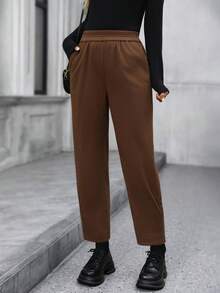 EMERY ROSE Women's Espresso Brown Elastic Waist Pocket Tapered Casual Pants,Autumn Date High Waist Loose Versatile Brown Pants Winter Clothes For Women Tall - Brown - View 3