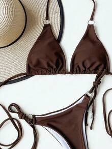 Swim SXY Summer Beach Criss Cross Triangle BH & Tie Side Swim Bottom Bikini Baddräkt - Kaffebrun - Visa 3