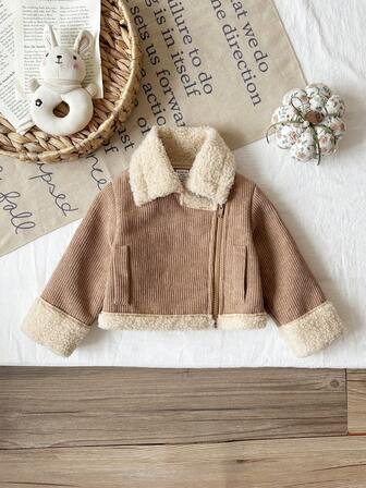 SHEIN 3Months-3Years Baby Girl Coat ,1pc Casual And Simple Daily Style Coat Fall Outfits For Girl,Long Sleeves Warmer White Fleece Fabric Khaki Jacket