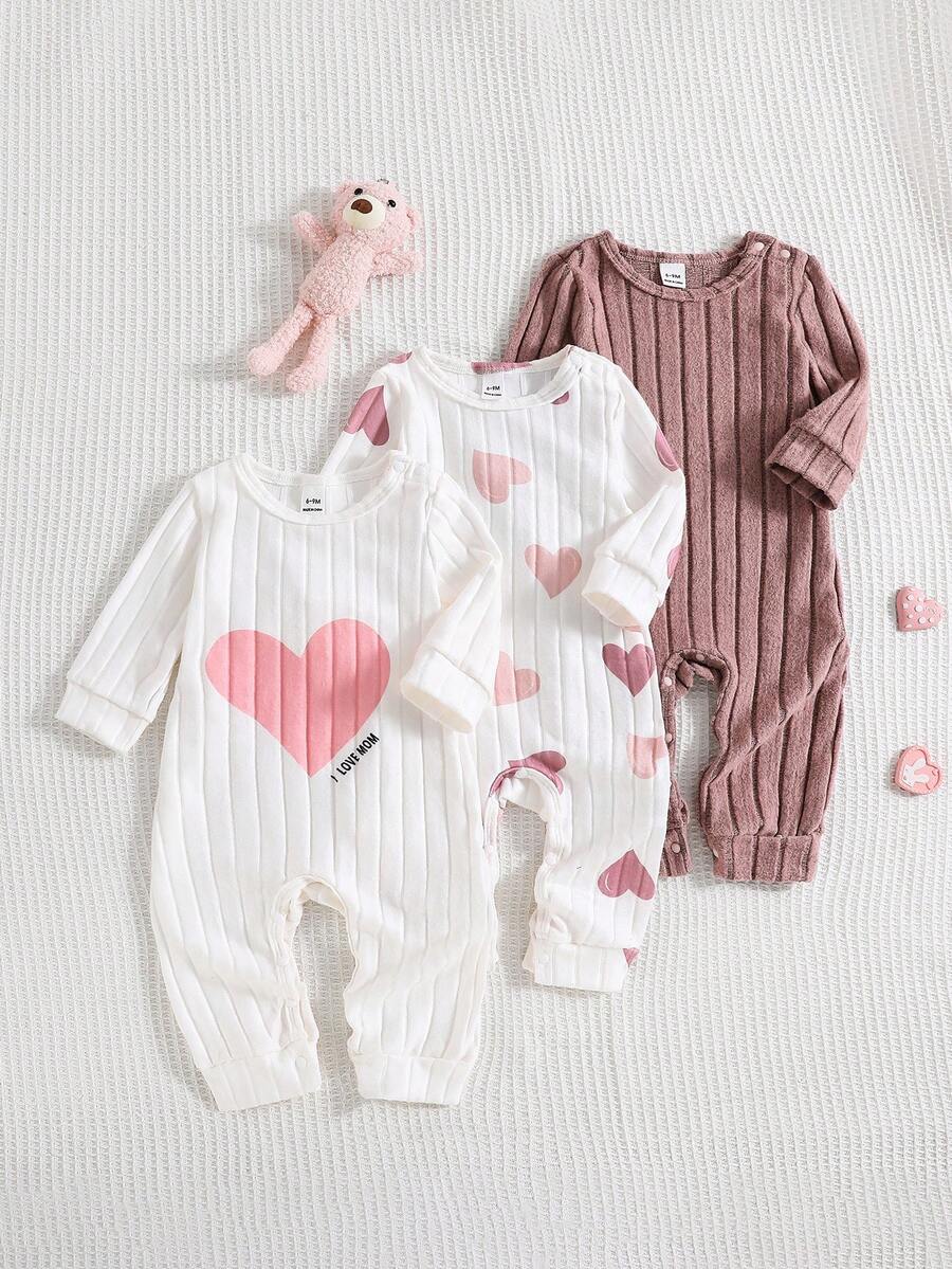 SHEIN Bộ đồ liền thân dài tay họa tiết trái tim dệt kim chải kỹ thoải mái cho bé gái 3 món, thích hợp mặc ở nhà và ngoài trời, mùa thu/đông - Nhiều màu - Xem 1