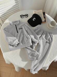 SHEIN 2 件套年轻男童休闲简约服装，羊毛加厚，适合秋冬季 - 淺灰色 - 查看 7